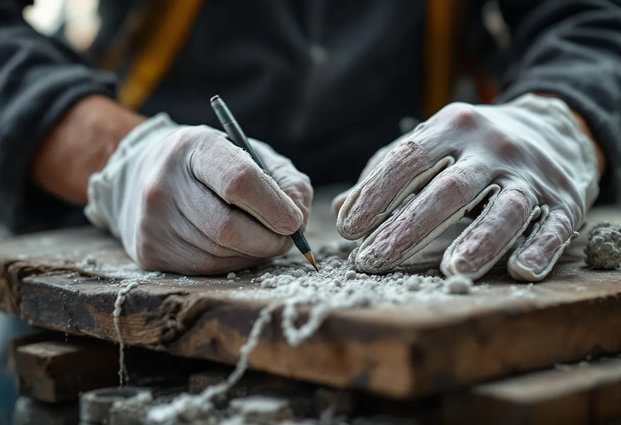 Een hand met beschermende handschoen onderzoekt een vezelig asbestcementmonster met een pincet op een werktafel in een oude loods.