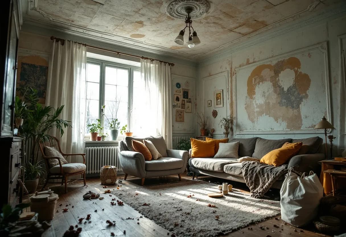 Een inspecteur in volledige asbestbescherming maakt aantekeningen in een woonkamer met kenmerkende asbesthoudende vloertegels en een oud plafond, terwijl daglicht door een raam valt.