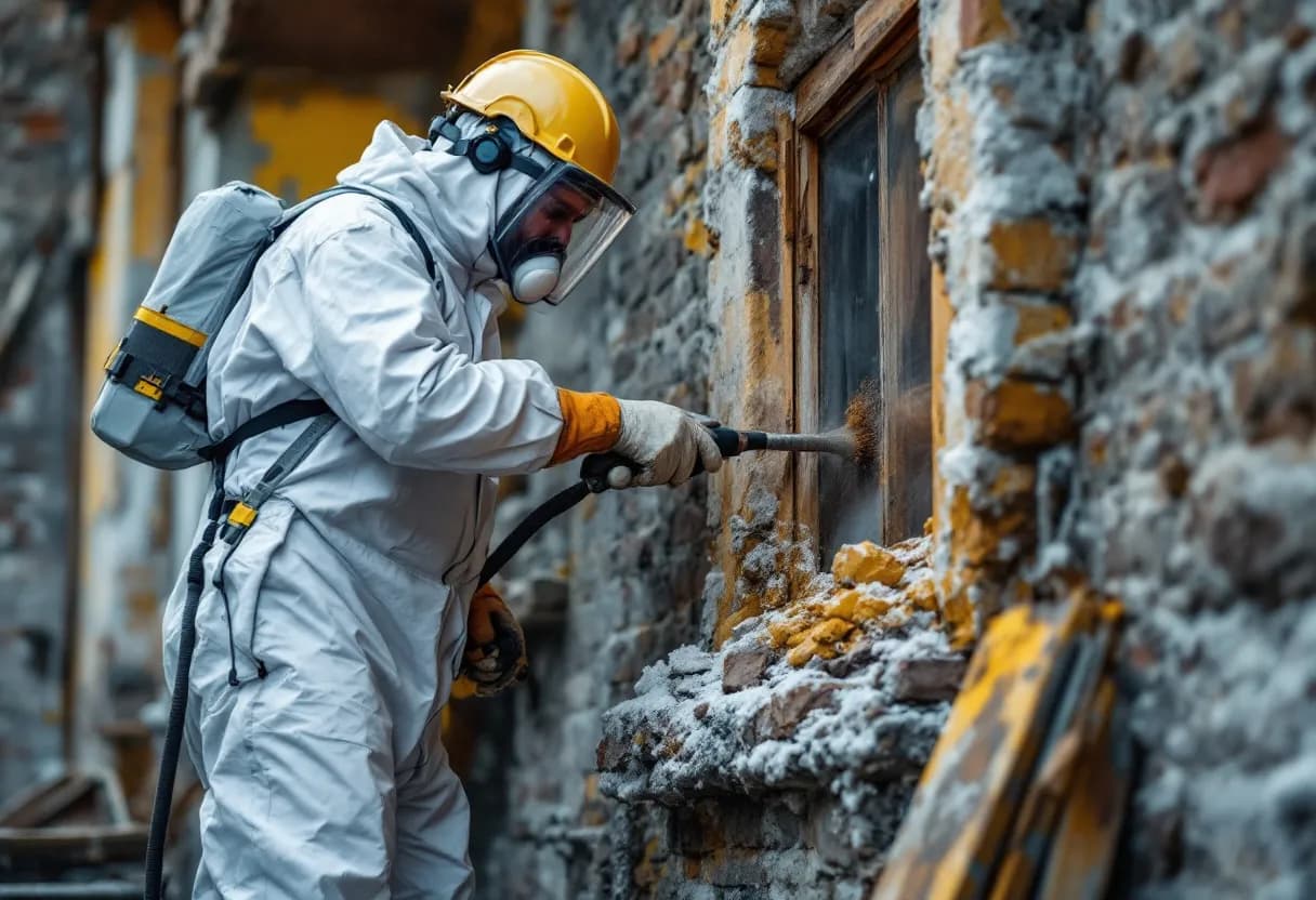 Een ervaren asbestverwijderaar in witte beschermende overall en ademmasker verwijdert voorzichtig asbestplaten van een oud dak in een Belgische woonwijk.