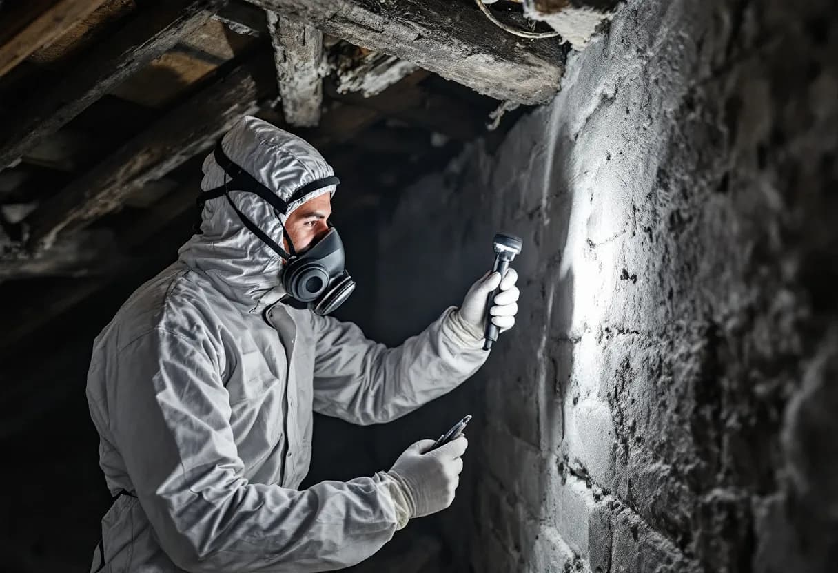 Een erkende asbestdeskundige in witte beschermende overall en met een ademmasker inspecteert de houten dakconstructie van een oude zolder, terwijl hij met een zaklamp in een donkere hoek schijnt waar asbestverdachte golfplaten zichtbaar zijn.