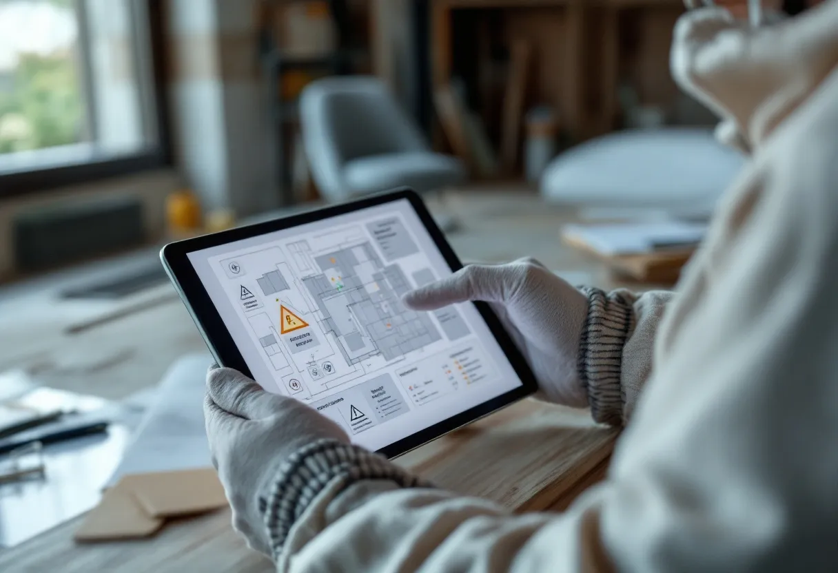 Een erkend asbestdeskundige in volledige beschermingskleding bekijkt een digitaal veiligheidsplan op een tablet in een kamer met asbestverdachte materialen en gemarkeerde werkzones.