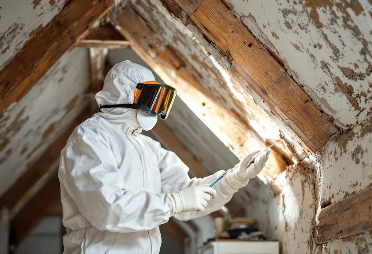 Een professionele asbestdeskundige in volledige witte beschermende kleding en volgelaatsmasker inspecteert zorgvuldig een oude lambrisering in een hoge, lichte kamer van een klassiek Antwerps herenhuis.