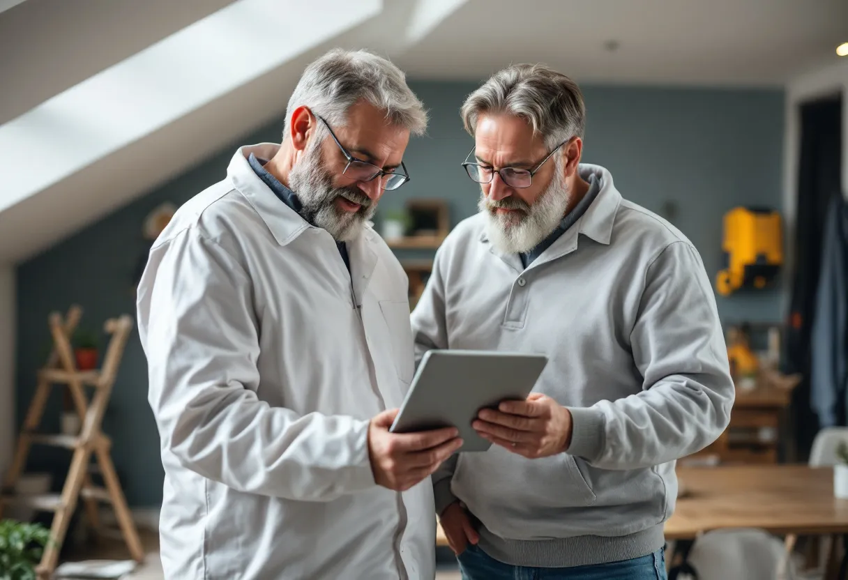 Een Vlaamse huiseigenaar en een erkende asbestdeskundige in wit beschermingspak bekijken samen een tablet met een offerte, staande voor een karakteristieke jaren-30-woning met een ladder en meetapparatuur op de achtergrond.