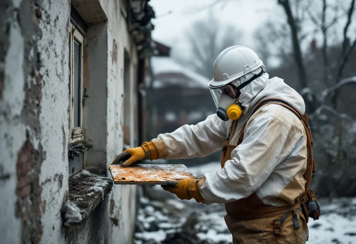 Een erkende asbestverwijderaar in witte beschermende kleding en met ademmasker verwijdert voorzichtig asbestplaten van een oud dak onder een grijze Belgische hemel.