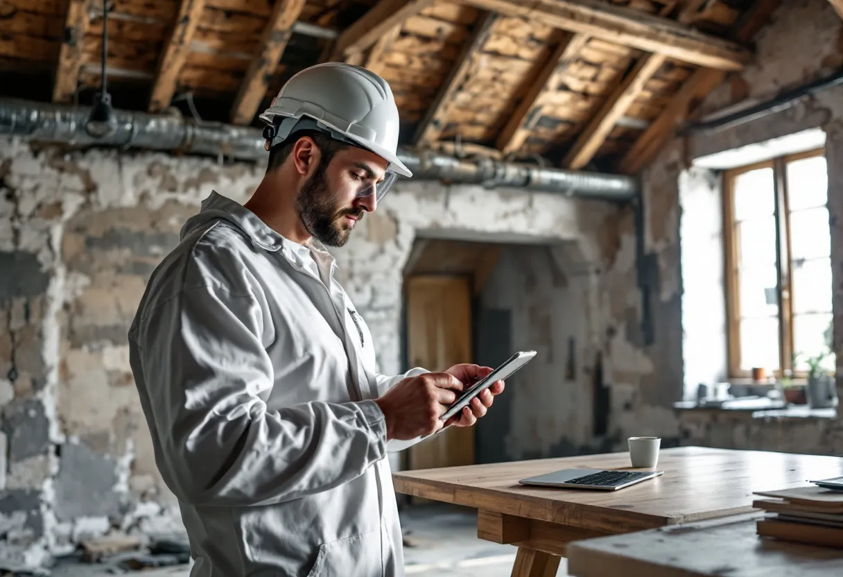 Een fotorealistische scène: een mannelijke gecertificeerde asbestdeskundige met wit beschermingspak en volgelaatsmasker inspecteert de houten dakconstructie van een oude zolder met zichtbare asbestverdachte golfplaten, terwijl een tablet op een werkbank een overzicht toont van meerdere gedetailleerde offertes van asbestinventarisatiebedrijven.