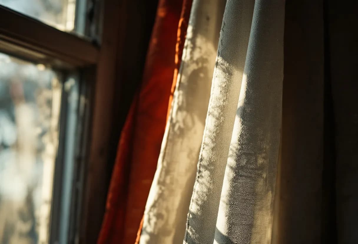 Een close-up van een oud, donkerrood fluwelen gordijn dat naast een stoffig raam hangt in een onbewoonde jaren-70 woning, met zichtbare slijtage en losse vezels die in het zonlicht zweven.