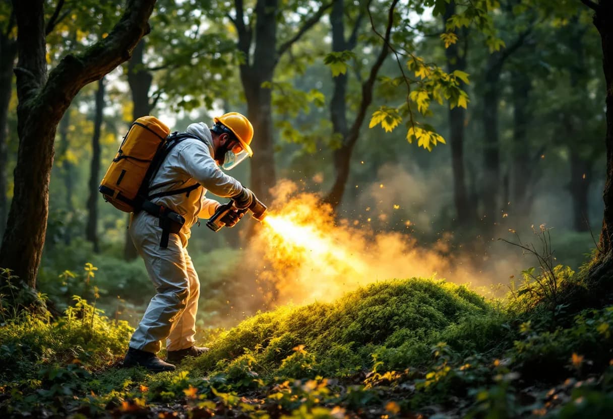 Een asbestdeskundige in een witte beschermende overall en volgelaatsmasker neemt met een mesje een monster van een verweerde, groen uitgeslagen asbestgolfplaat op een schuurdak, terwijl het late namiddaglicht door de bomen achter hem valt.