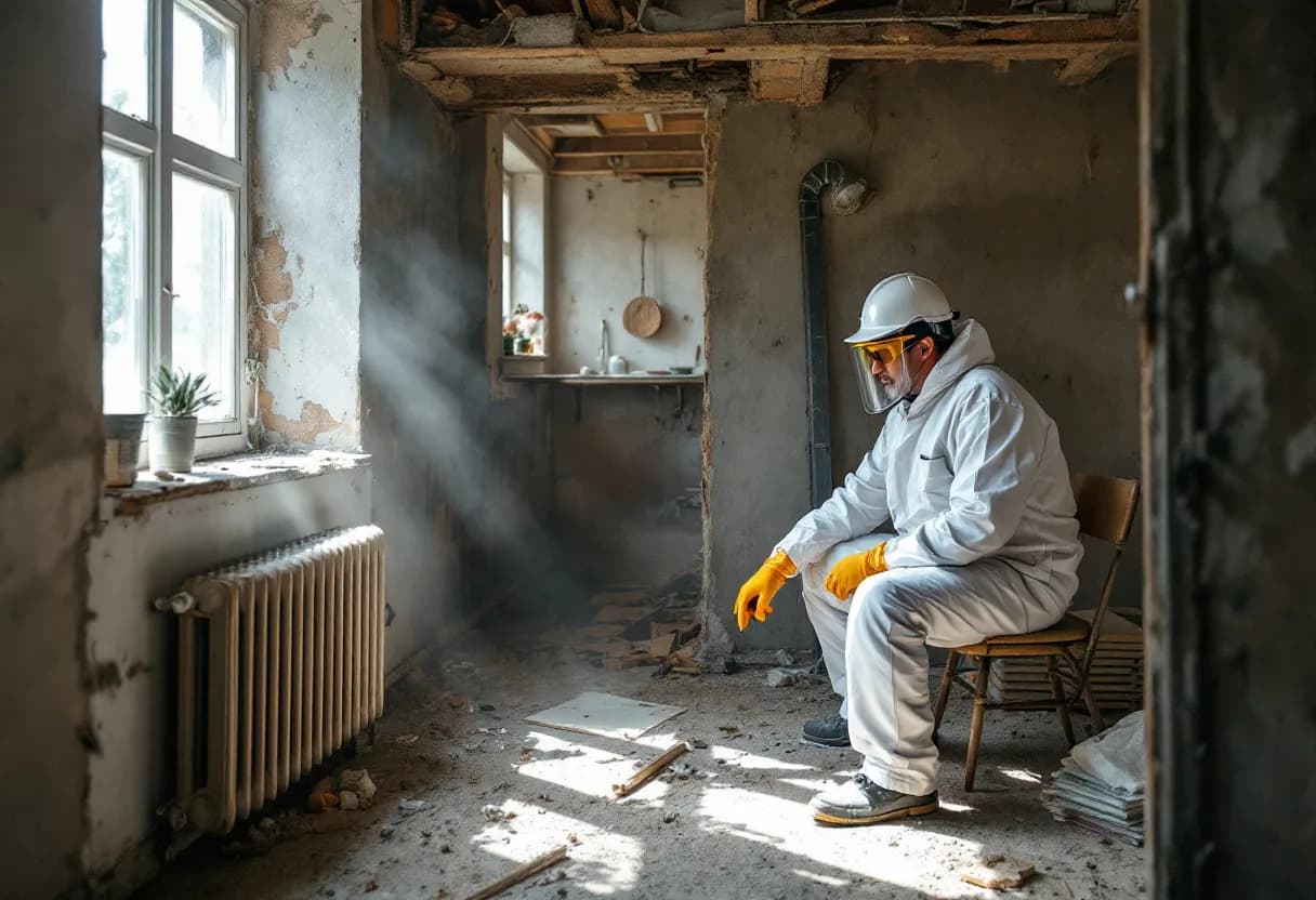 Een asbestinspecteur in witte beschermende kleding en een gelaatsmasker bekijkt nauwkeurig een verweerde golfplaten dakbedekking met asbest bij een oude Belgische woning.