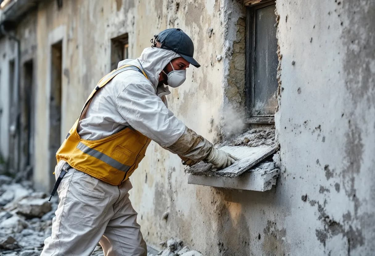 Een erkende asbestverwijderaar in beschermende witte overall en ademmasker verwijdert voorzichtig asbestplaten van een oud dak in een Belgische woonwijk.