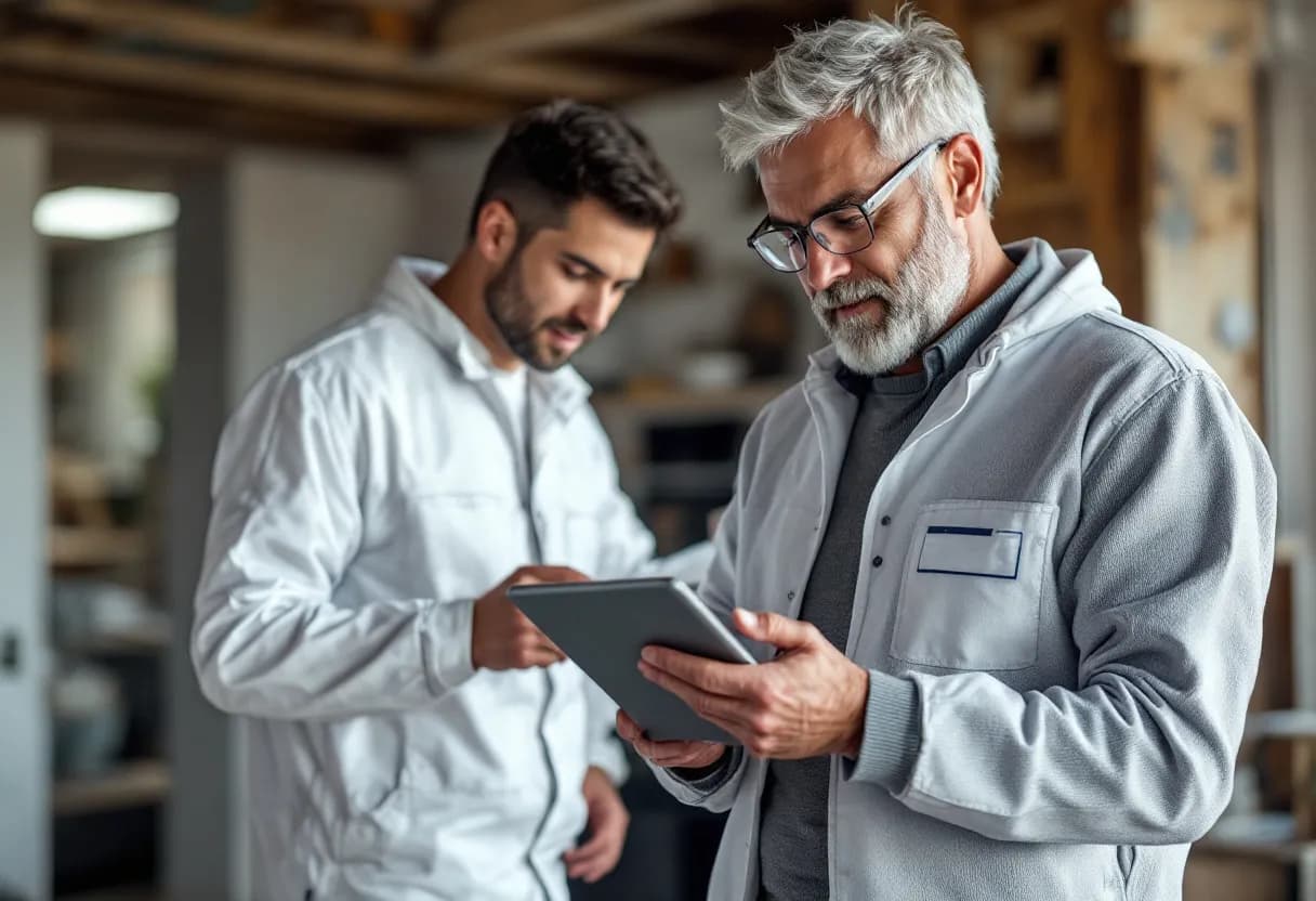 Een fotorealistisch beeld van een Belgische particulier die een tablet gebruikt om asbestoffertes te vergelijken, terwijl een gecertificeerde asbestinspecteur in witte beschermende kleding een dak inspecteert in de achtergrond, met een digitaal offerteformulier prominent op de voorgrond.