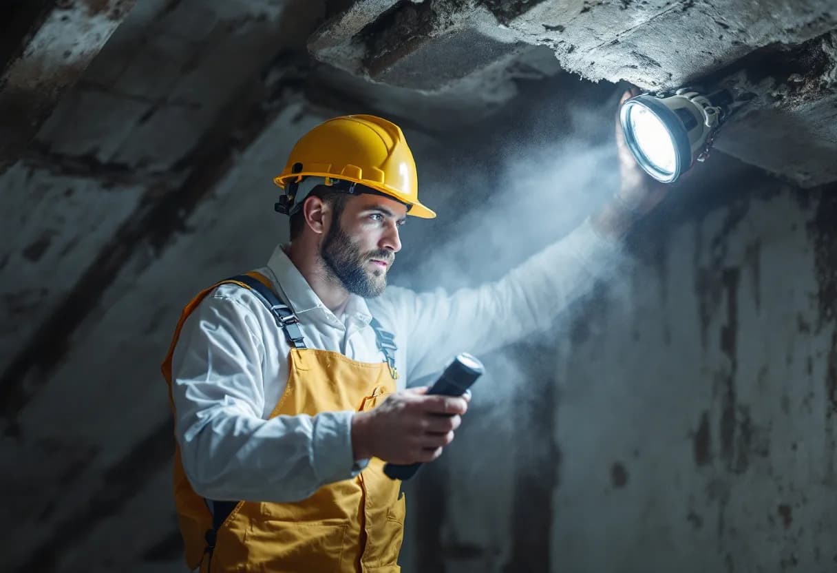 Een gecertificeerde asbestdeskundige in witte overall en ademmasker inspecteert met een zaklamp de houten dakconstructie van een oude Vlaamse zolder, terwijl hij een monster neemt van een verdachte plaat.