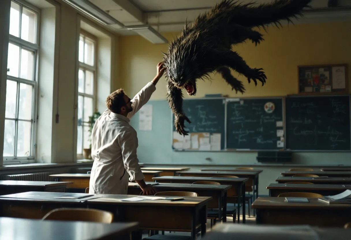 Een fotorealistische foto van een leeg klaslokaal in een oude Vlaamse school, met houten vloer en hoge ramen, waar een inspecteur in witte jas een monster neemt van een plafondtegel.