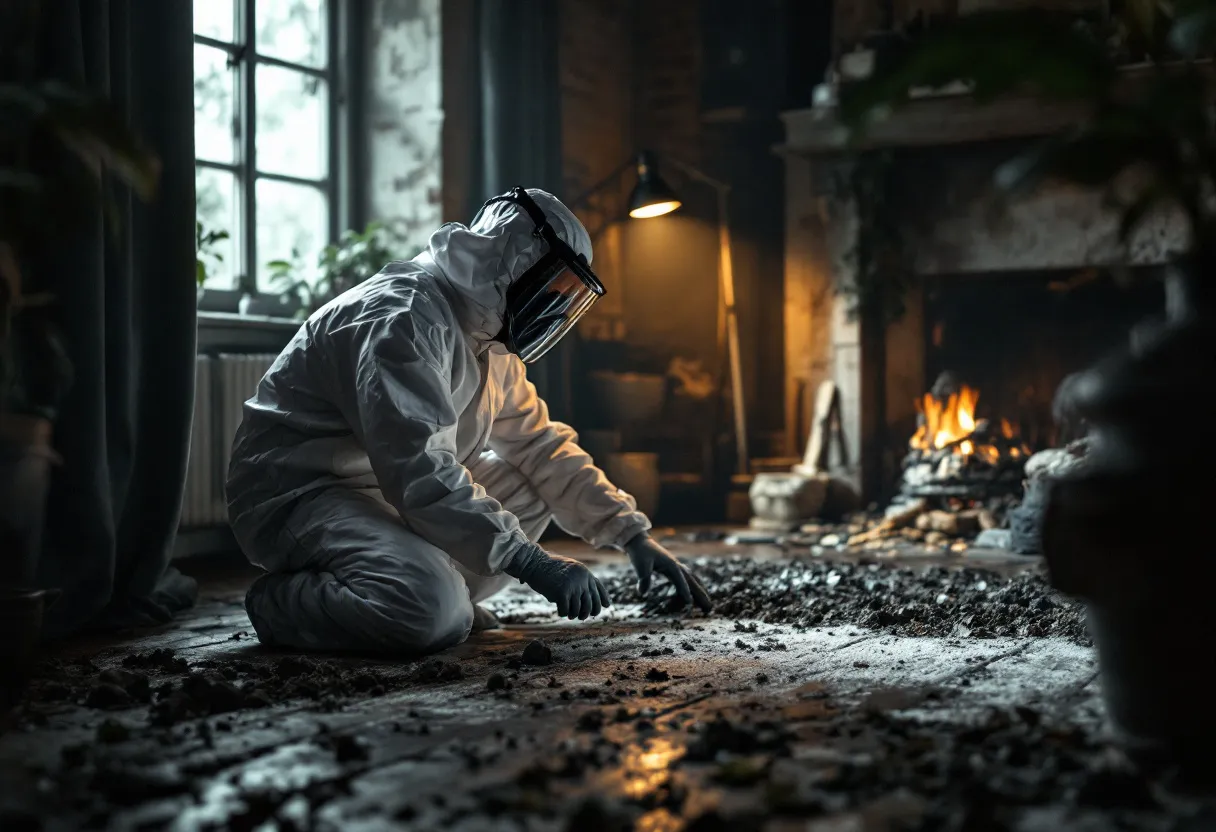 Een gecertificeerde asbestinspecteur in witte beschermende overall, handschoenen en volgelaatsmasker knielt in een oud Vlaams herenhuis en neemt met een holle boor voorzichtig een monster van verdachte golfplaatisolatie, terwijl een zaklamp de vezels belicht en een assistent het monsterzakje klaarhoudt.