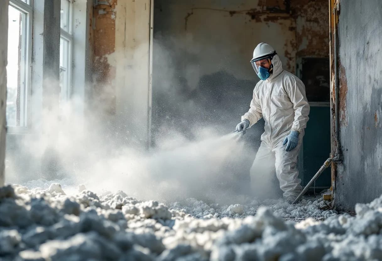 Een fotorealistische foto van een professionele asbestverwijderaar in witte beschermende overall en volgelaatsmasker die voorzichtig asbesthoudende golfplaten van een oud dak verwijdert, met een afgesloten containmentzone en waarschuwingsborden op de voorgrond.