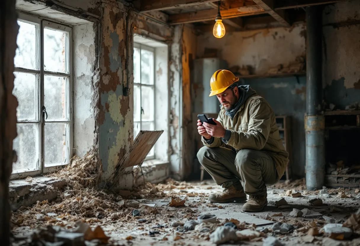 Een erkend asbestinventarisatie-expert in volledige beschermende uitrusting inspecteert zorgvuldig een oud verwarmingsbuisisolatie in een stoffige kelder van een Belgische woning, met een digitale camera en meetapparatuur.