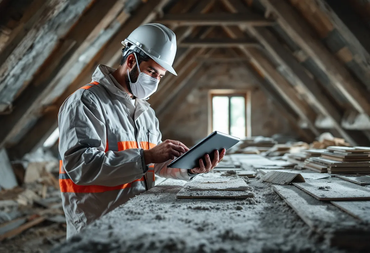 Een professionele asbestinventariseerder in een wit veiligheidspak en masker inspecteert verdachte asbestverdachte golfplaten in een oude loods in België, terwijl hij aantekeningen maakt op een tablet.
