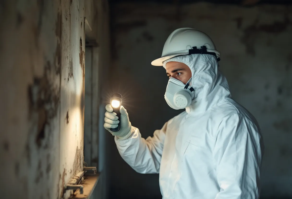 Een asbestdeskundige in witte veiligheidskledij en met een ademmasker inspecteert een oude zolder met een zaklamp, terwijl hij een staal neemt van een verdachte isolatieplaat.