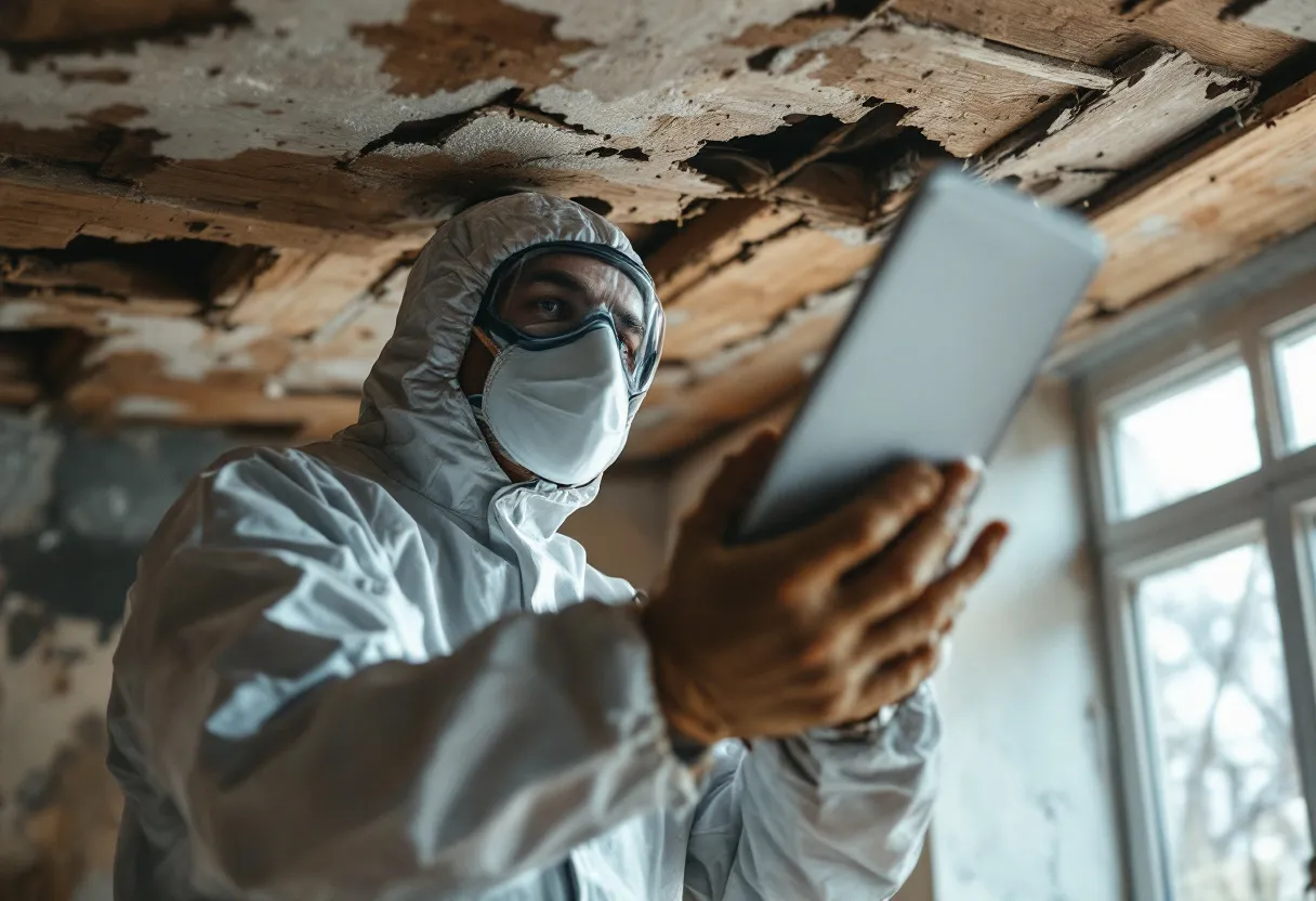 Een asbestinspecteur in witte beschermende overall en masker neemt een monster van een oud plafondmateriaal in een Vlaamse woning met zichtbare houten balken en natuurlijk licht.