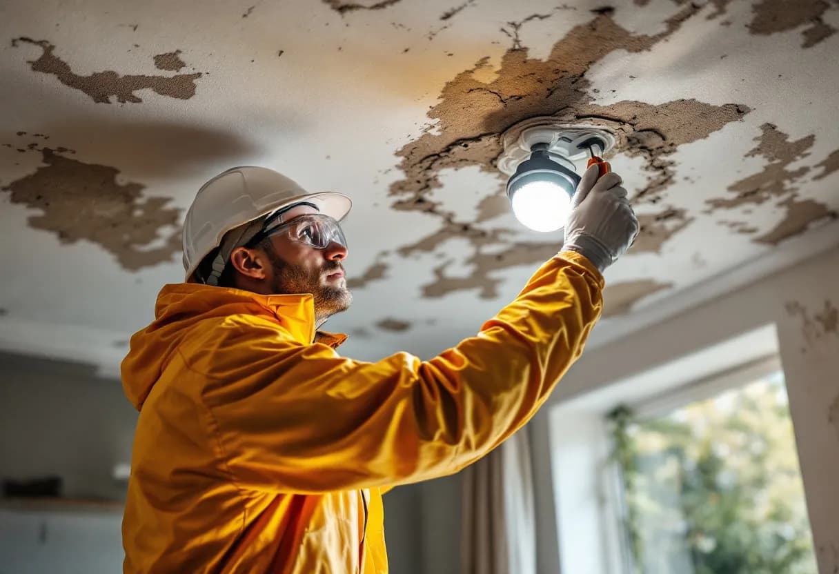 Een erkende asbestdeskundige in beschermende kleding inspecteert een oud plafond met een zaklamp en notitieblok in een Vlaamse woning.